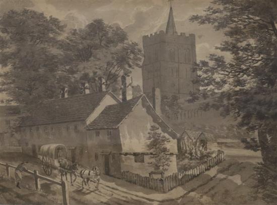 19th century, monochrome watercolour, St Albans Abbey, 21 x 28cm